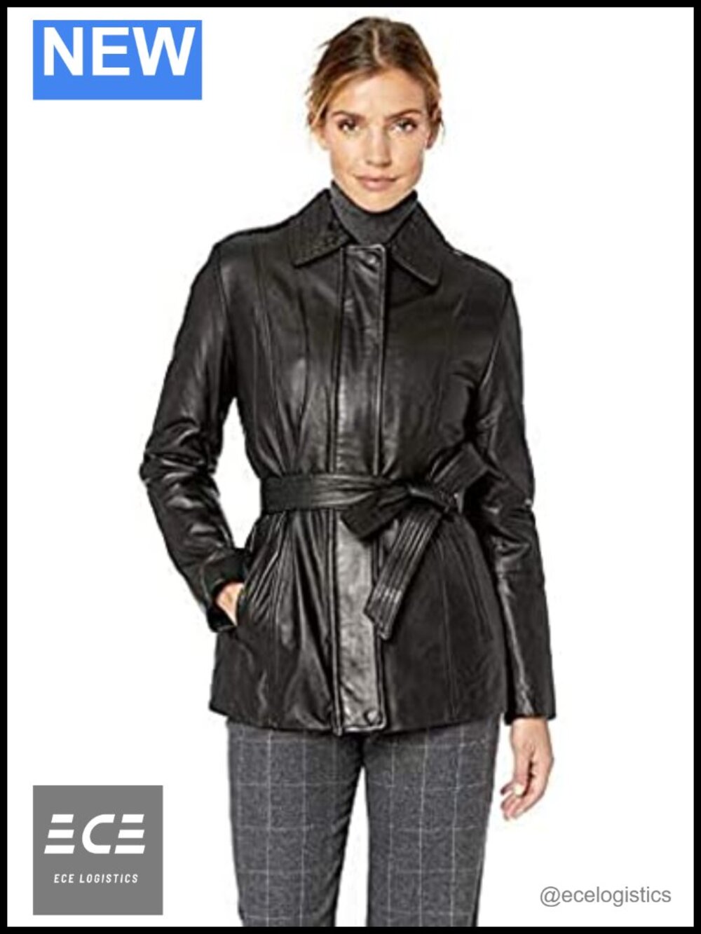 Leather Belted City Coat Notch Collar Aviator Style Zip Front